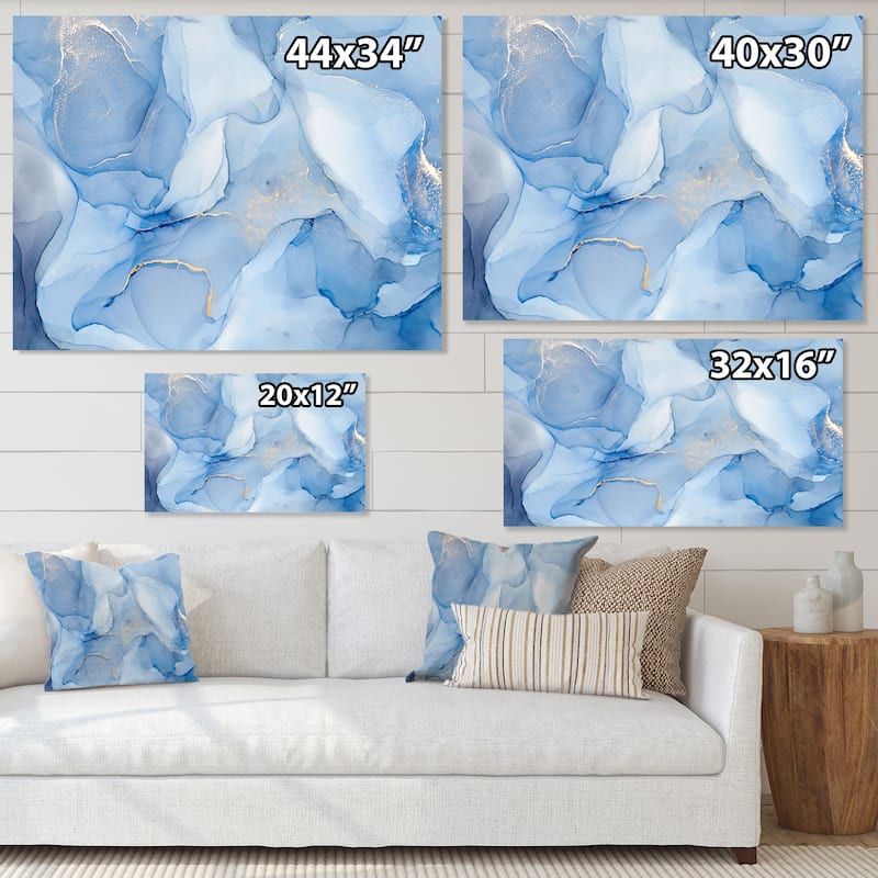 Designart "Liquid Ink Art In Shades Of Light Blue I" Modern Canvas Wall Art Print - 20 in. wide x 12 in. high