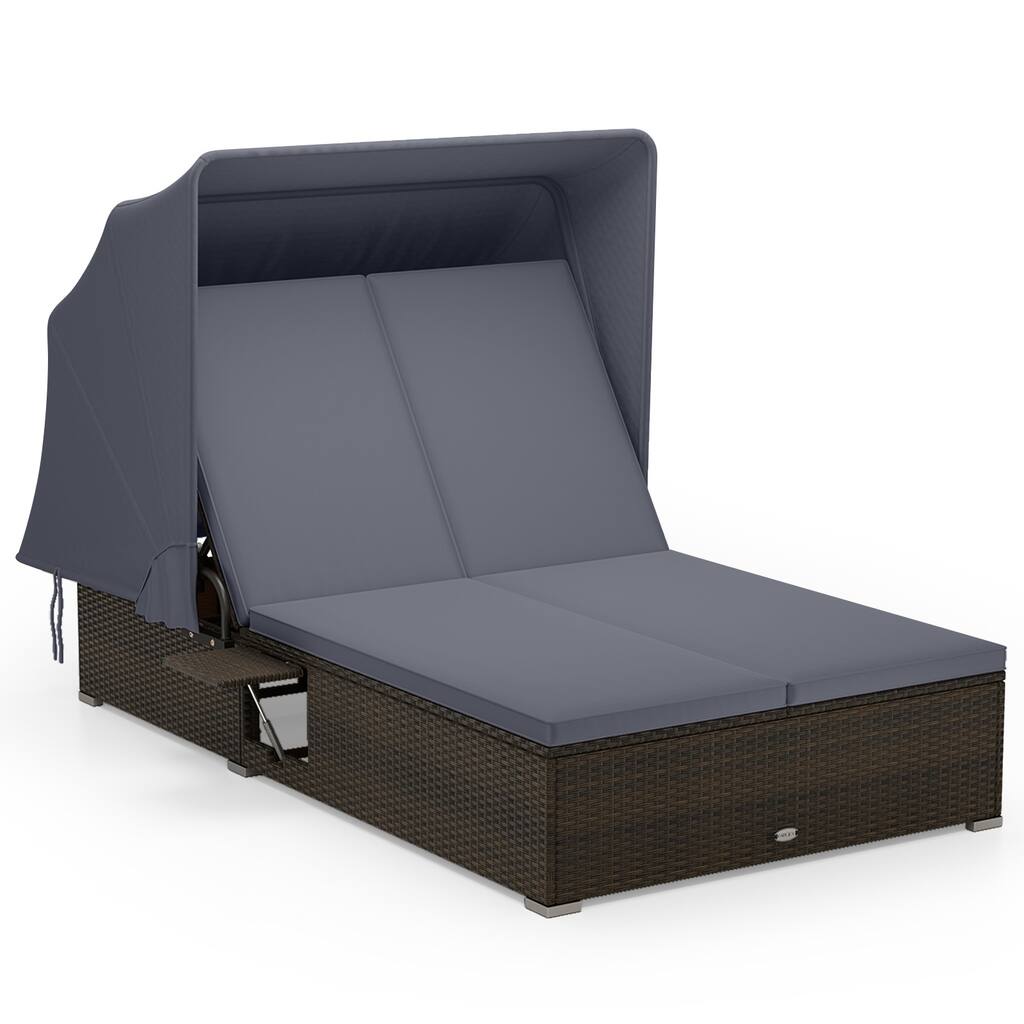 Gymax 2-person Rattan Lounge Bed w/ Retractable Canopy 5-position