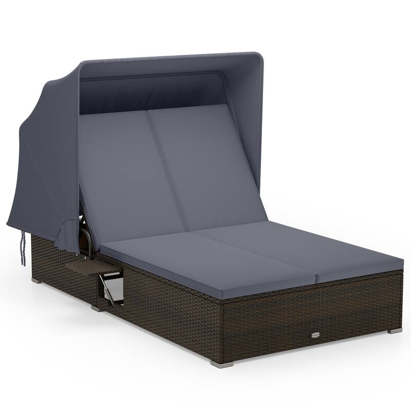 Gymax 2-person Rattan Lounge Bed w/ Retractable Canopy 5-position - Grey