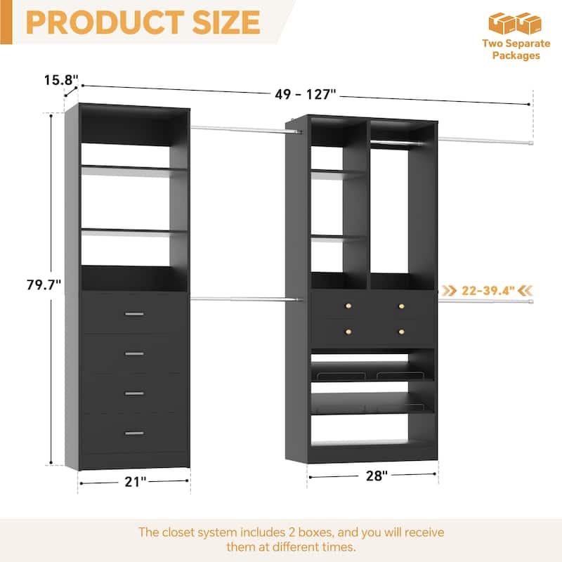 Set of 2 Closet Organizer System with Wood Drawers, Amoire Wardrobe with Hanging Rods