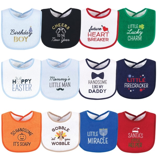 slide 1 of 1, Hudson Baby Infant Boy Cotton Terry Drooler Bibs with Fiber Filling 12pk, Cute Boy Holiday Sayings, One Size One Size - Cute Boy Holiday Sayings