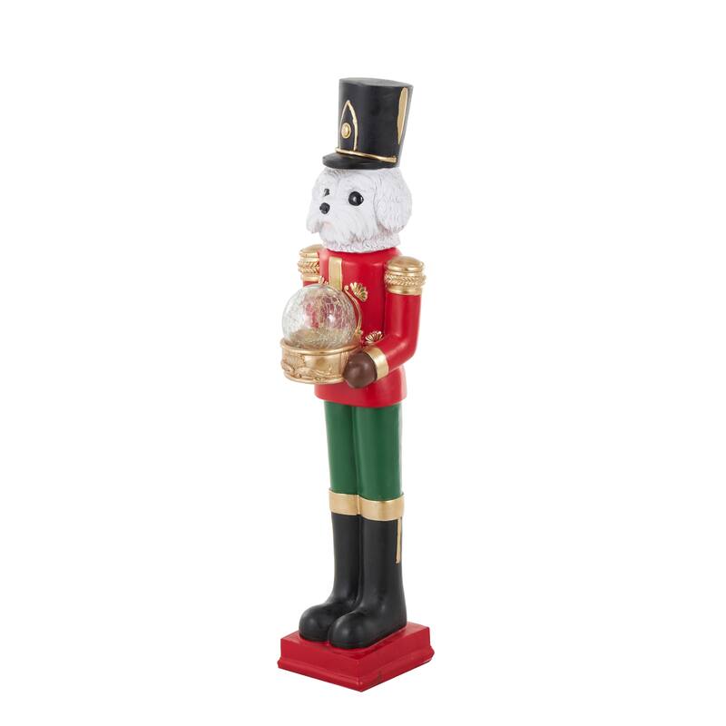 Fiberglass Dog Tall Soldier Nutcracker Christmas Sculpture with LED Light Snow Globe - Red - Roche River Decor