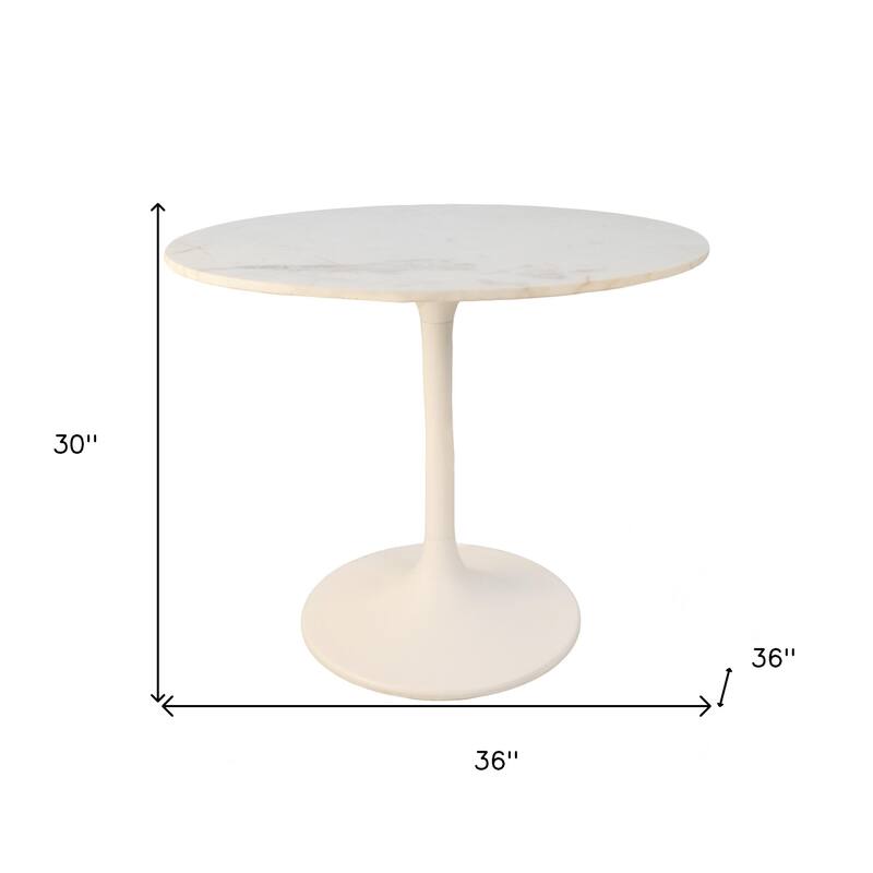 HomeRoots 36" White Rounded Marble And Iron Pedestal Base Dining Table - 36.00 in. x 30.00 in. x 36.00 in.