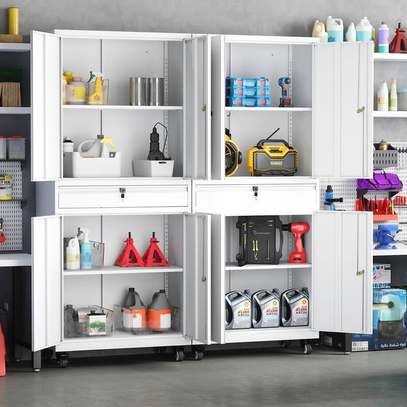 Steel Garage Storage Cabinet Rolling Tool Storage Cabinet with Adjustable Shelves - White