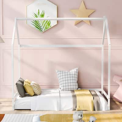House-shaped Floor Bed, Twin Size Wood House Bed Frame with Roof