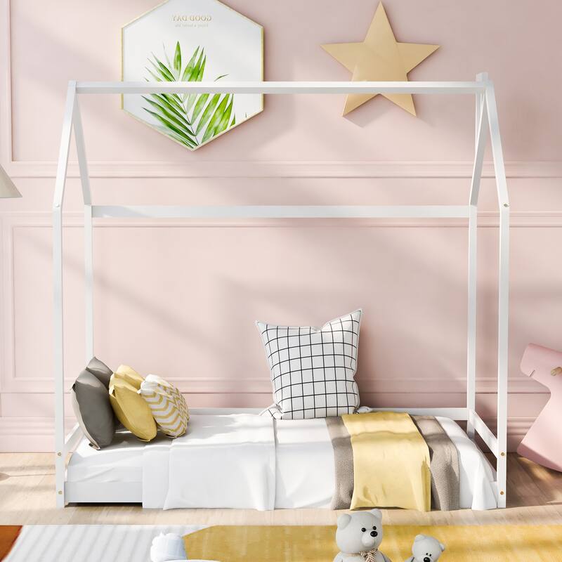Twin Size House Bed with Roof, Playhouse Design, and Pinewood Frame - White