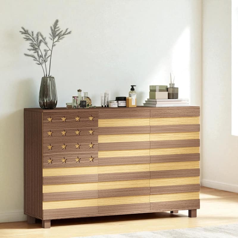 55" Hand-Carved Buffet Sideboard Cabinet with Storage, 2 Drawers and 3 Doors, Coffee Bar Console with Adjustable Shelves - Brown Yellow