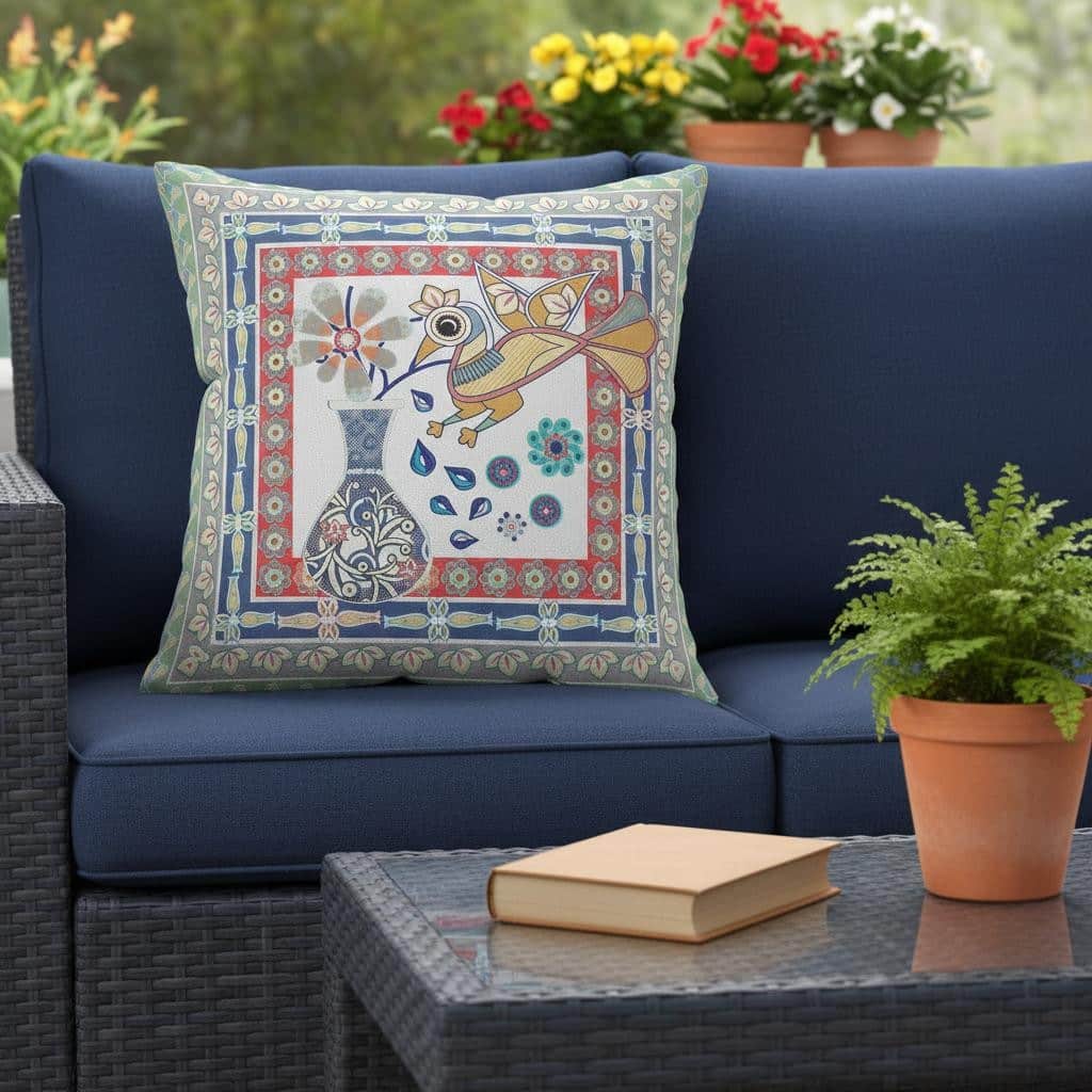 HomeRoots 26" x 26" Red Bird Blown Seam Floral Indoor Outdoor Throw Pillow - 26.00' X '5.00' X '26.00