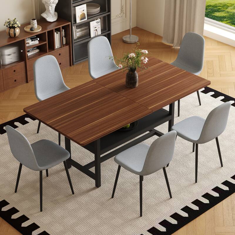 7-Piece Modern Dining Table Set, 71x35.4 Inch Wood Grain Table & 6 High-Resilience Fabric Chairs