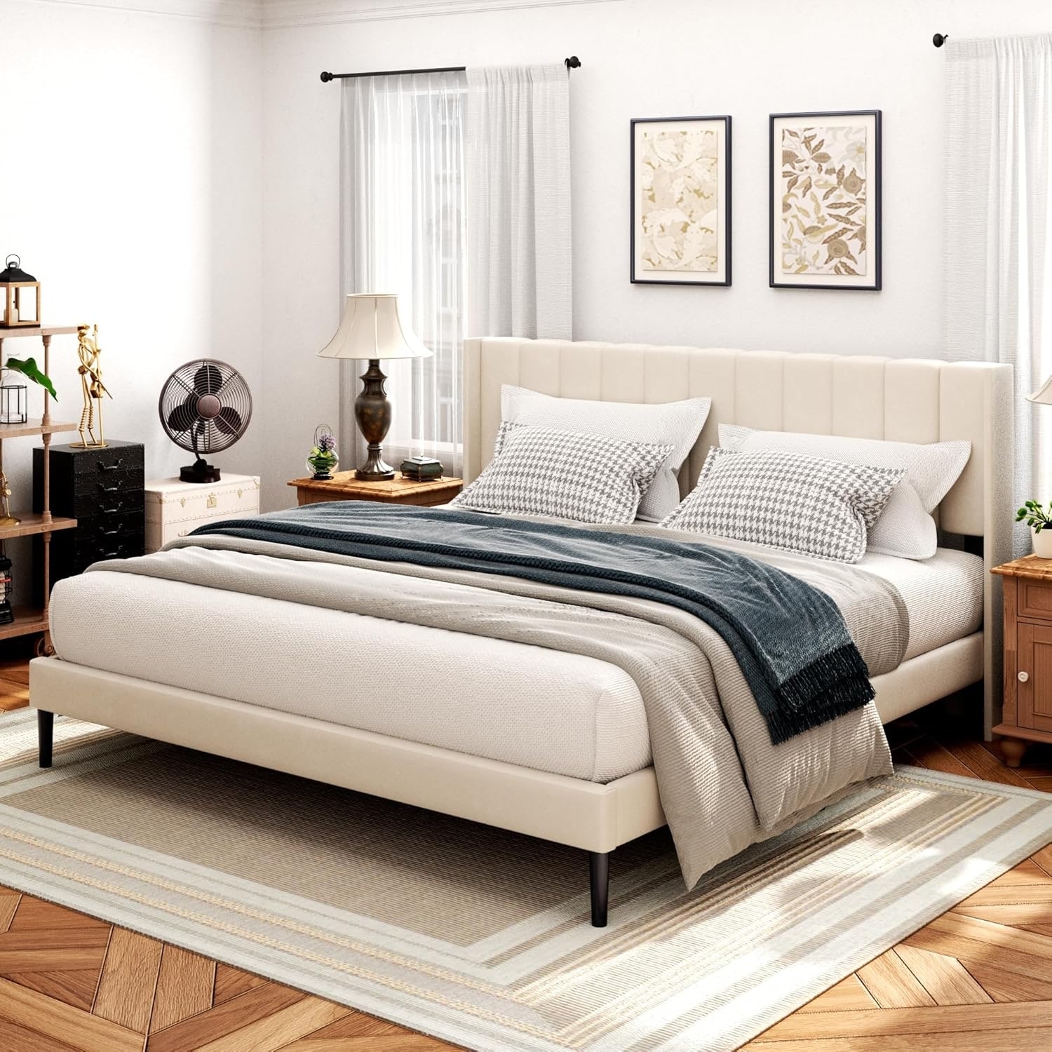 Tufted Wingback King Bed Frame with Storage, No Box Spring Needed, Easy Assembly, Beige