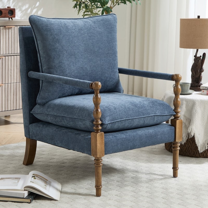 HOMEFUN Mid-Century Modern Solid Wood Reading Accent Armchair with Removable Upholstered Cushions for Living Room