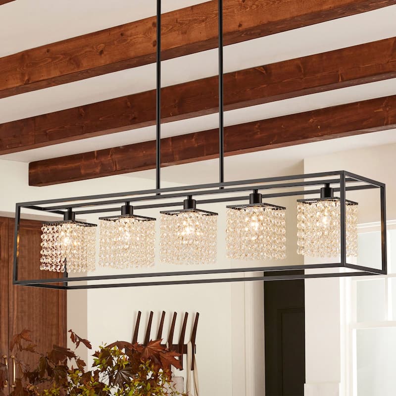 5-Light Modern Black Glam Rectangular Island Large Crystal Chandelier - 39.37 in. W x 8.66 in. D x 8.66 in. H - 39.37 in. W x 8.66 in. D x 8.66 in. H - Black