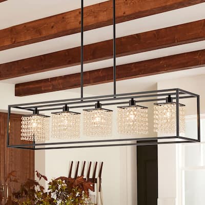 5-Light Modern Black Glam Rectangular Island Large Crystal Chandelier - 39.37 in. W x 8.66 in. D x 8.66 in. H