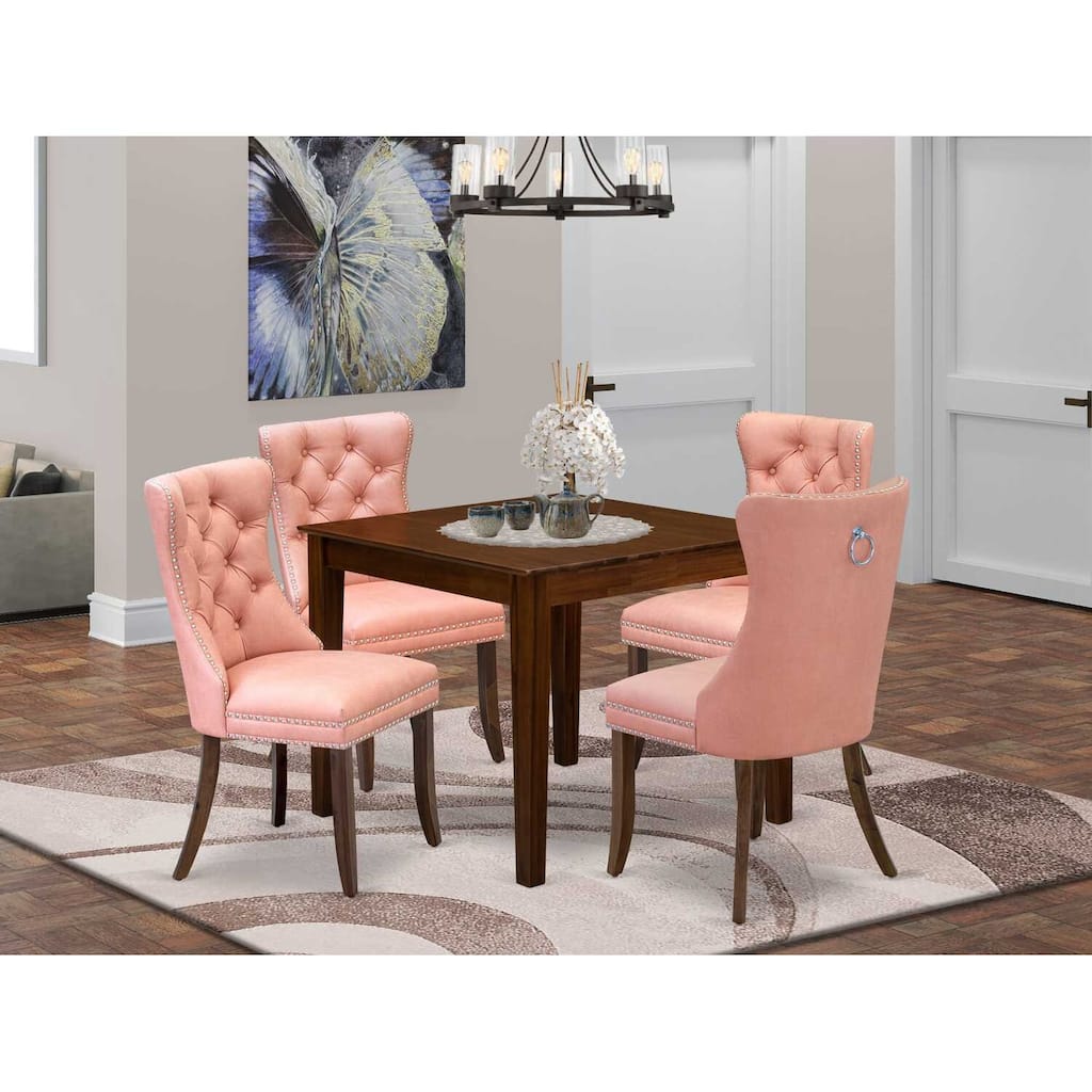 5-Piece Antique Walnut Finish Solid Wood Top - Square Upholstered Dining Room Set - Seats 4