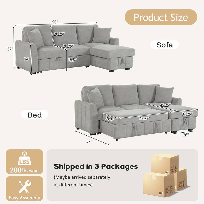L-Shaped Sectional Sofa with Pull-out Sofa Bed, Modular Sleeper Sofa Couch with Reversible Storage Chaise for Living Room