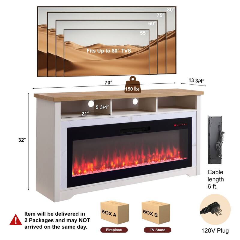 70 inch Fireplace TV Stand for TVs up to 70",with 60" smart Electric Fireplace,white