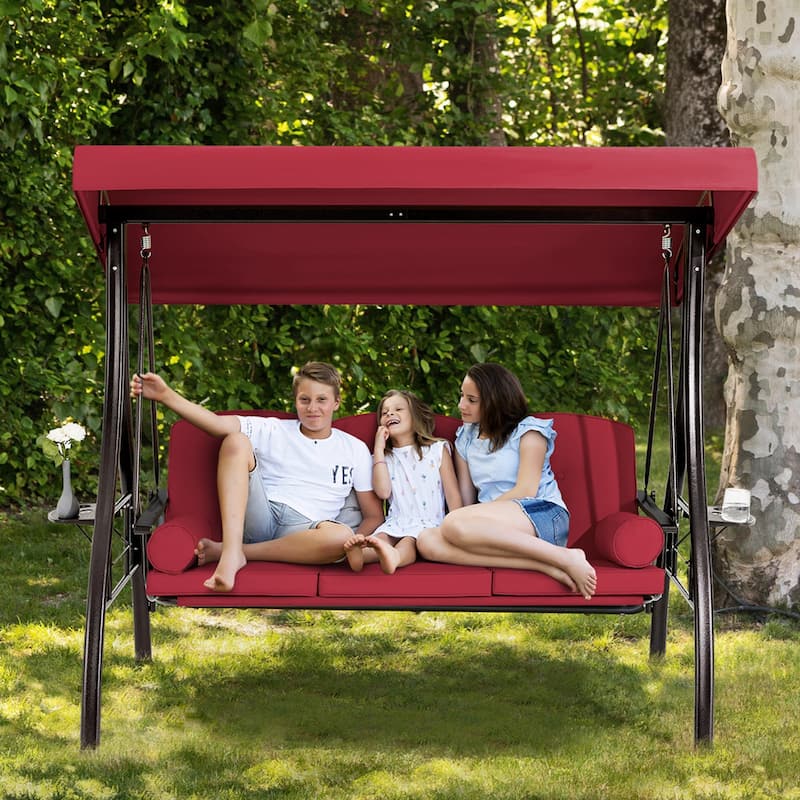 3-Seat Patio Swing with Adjustable Canopy, 750lbs Heavy Duty, Convertible Outdoor Bed, All-Weather, Cup Holders & Thick Cushions