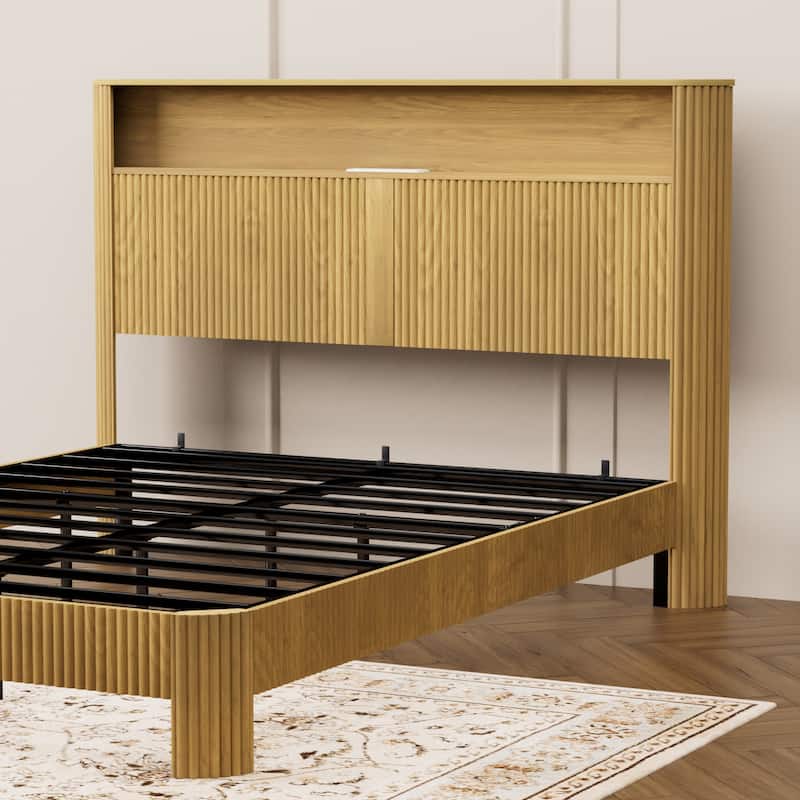 Platform Bed Frame, Wave-Shaped Modern Bed Frame with Storage Headboard, Charging Station, Heavy Duty Metal Slats, Noise-Free