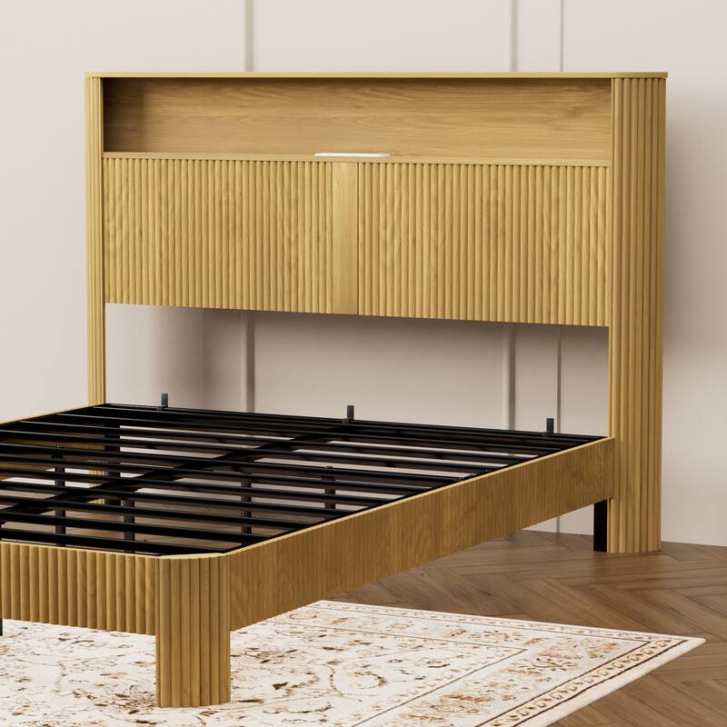 Queen Size Bed Frame With Storage Headboard, Built-In Charging Station, Wavy Curved Lines Design, Silent Operation