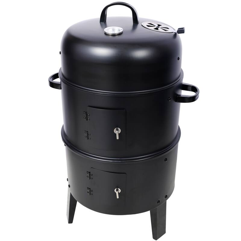 3-in-1 Charcoal Smoker Grill and Fire Pit with Thermometer Adjustable Air Vents Steel Construction for Patio Backyard Camping - Assembly Required