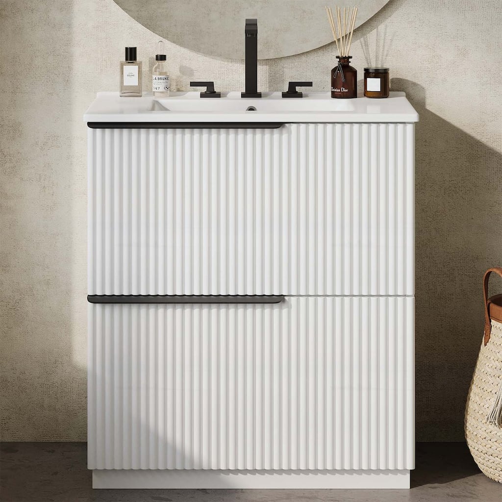 30 Inch Freestanding Bathroom Vanity with Ceramic Sink,Full-Extension Drawers,and Fluted Design
