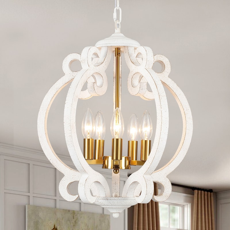15.75“ 5-Light Rustic Pendant Light, Wood Ceiling Light Farmhouse Shabby Chic Chandelier, Classic Semi Flush Mount Chandelier - Gold and Distressed White