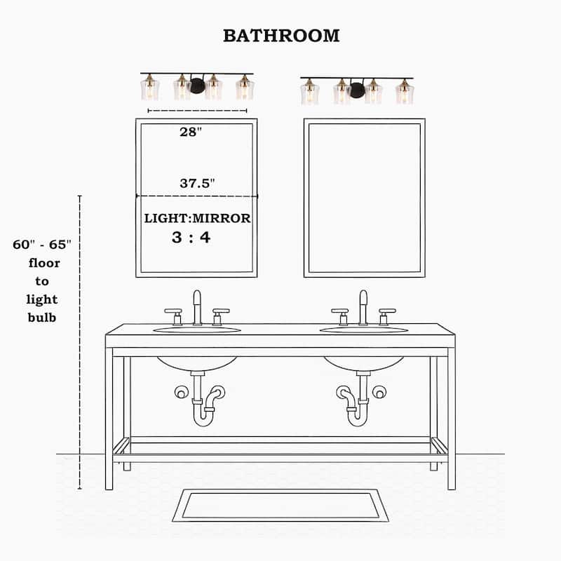 Modern Black Gold 2/3/4-Light Linear Bathroom Vanity Lights with Seeded Glass