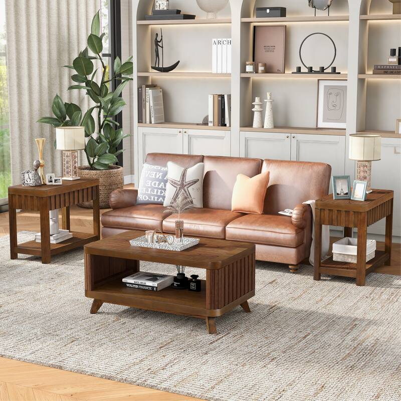 Rectangular Wooden Coffee Table Wooden Center Coffee Table with Open Storage Shelf Solid Wood Legs for Living Room