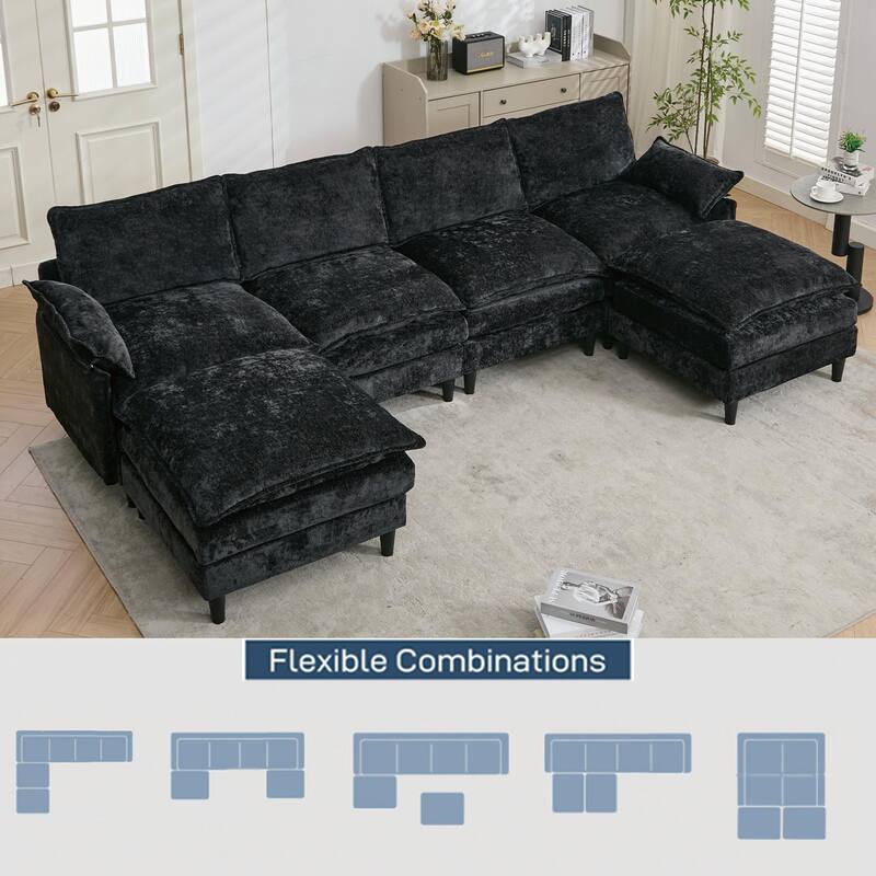 121.5" U-Shaped Chenille Sectional Sofa with 2 Ottomans & 6 Pillows