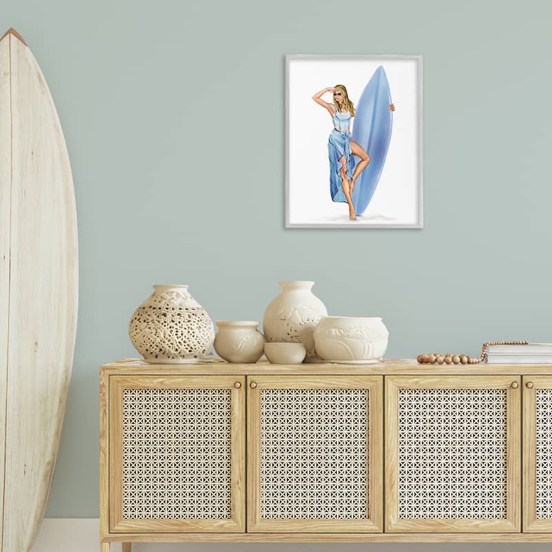 Stupell Trendy Surfer Girl in Blue Framed Giclee Art Design By Ziwei Li