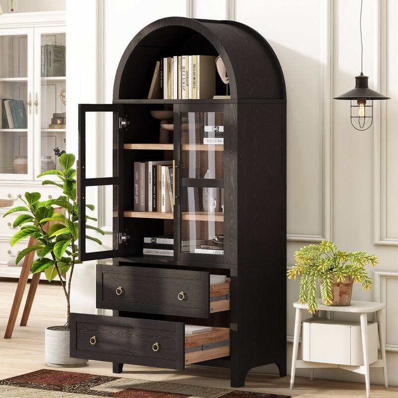 Farmhouse 71" Tall Arched Kitchen Pantry Cabinet with 2 Large Drawers, Modern Kitchen Storage Cabinets with Adjustable Shelves