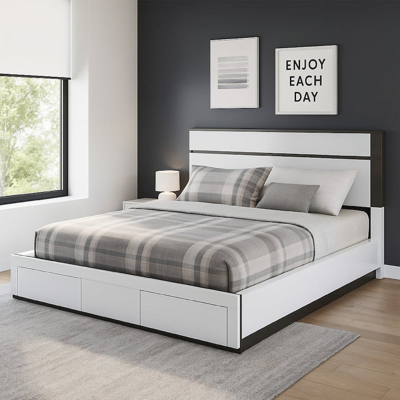 Kena King Size Bed, White Gray Panel Headboard, Footboard Storage Drawers