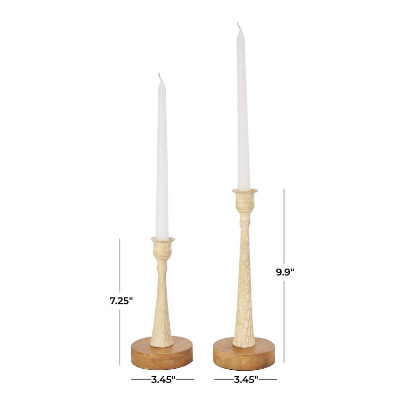 Cream or Light Blue Metal Textured Tapered Candle Holder with Brown Wood Bases (Set of 2)