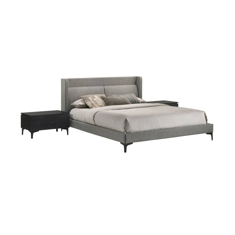 Modern Bedroom Set Gray Fabric Platform Bed Nightstands Mid Century Style