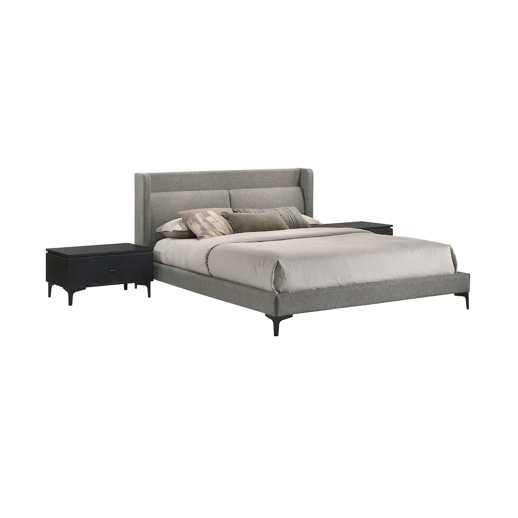 Modern Bedroom Set Gray Fabric Platform Bed Nightstands Mid Century Style