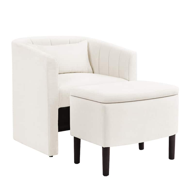 Upholstered Chenille Barrel Accent Chair With Storage Ottoman,Modern Barrel Arm Chair,Reading Chair With Ottoman For Living Room