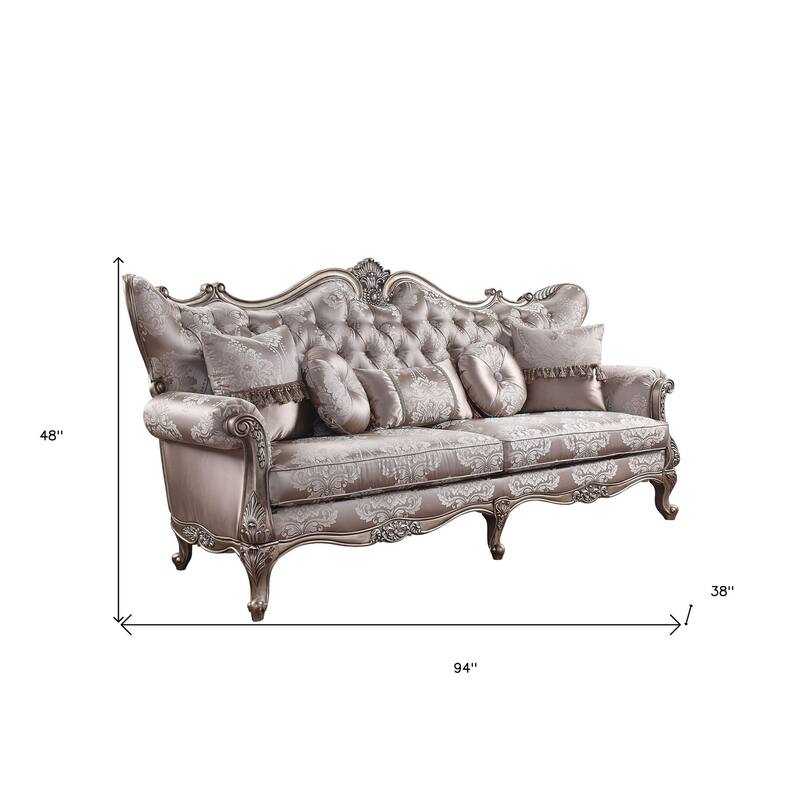 HomeRoots 94" Dark Gray Imitation Silk Damask Sofa And Toss Pillows With Champagne Legs - 94
