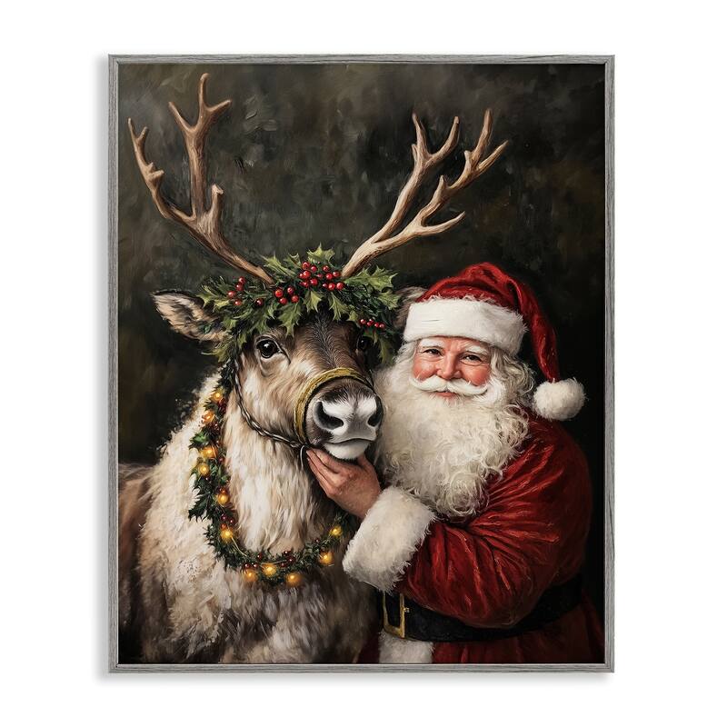 Stupell Santa & Reindeer Portrait Framed Giclee Art Design By Arlington Prints - 16 x 20 - Grey