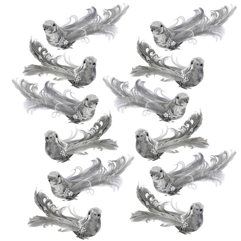 6" Velvet Feather Bird Clip Ornament Set of 12