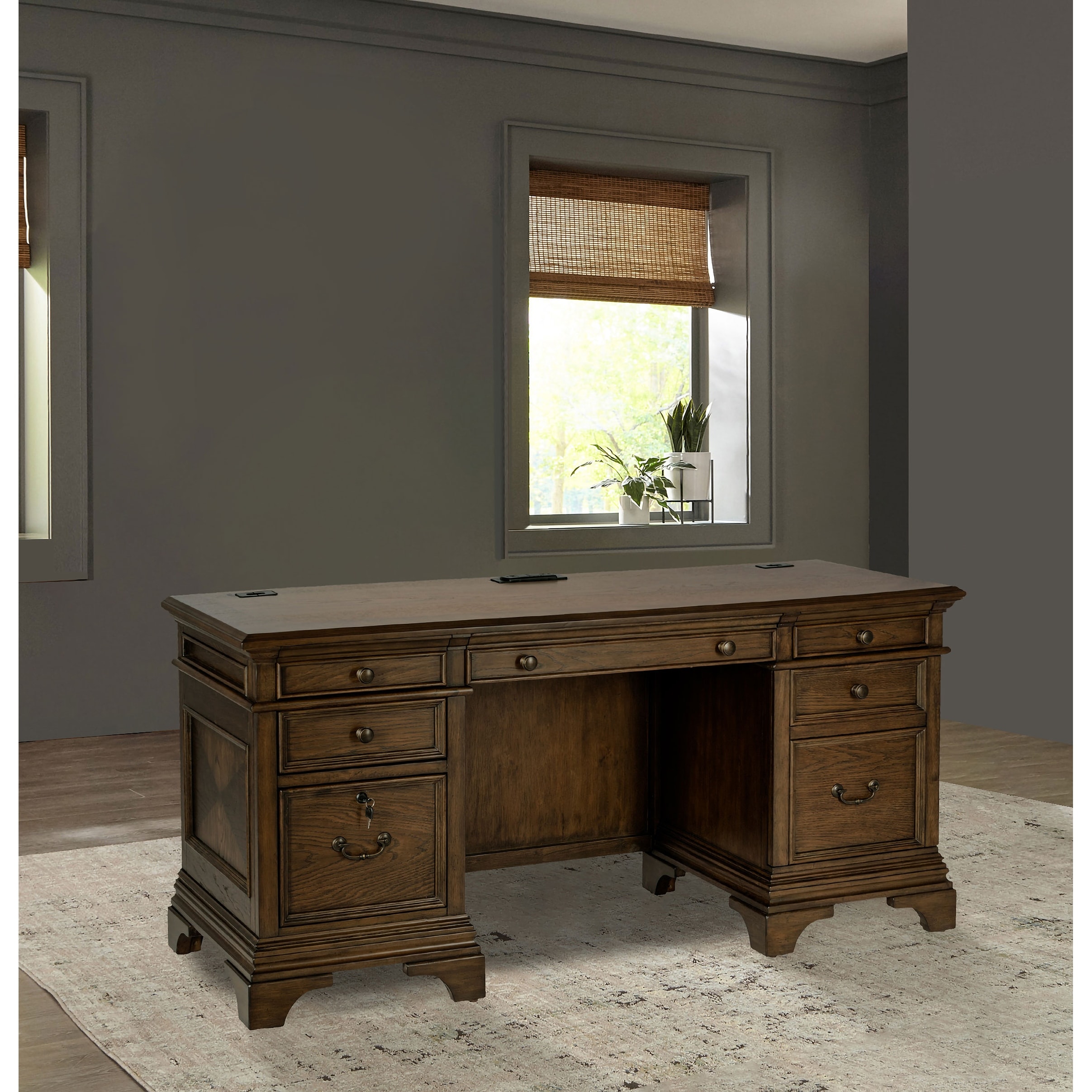 Hartshill 66-inch 5-drawer Credenza Office Desk Burnished Oak