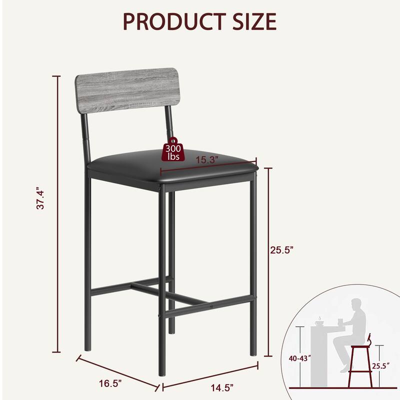 Set of 2 Upholstered Bar Chairs Counter Height Barstools for Kitchen Island - 14.5" L x 16.5" W x 37.4" H