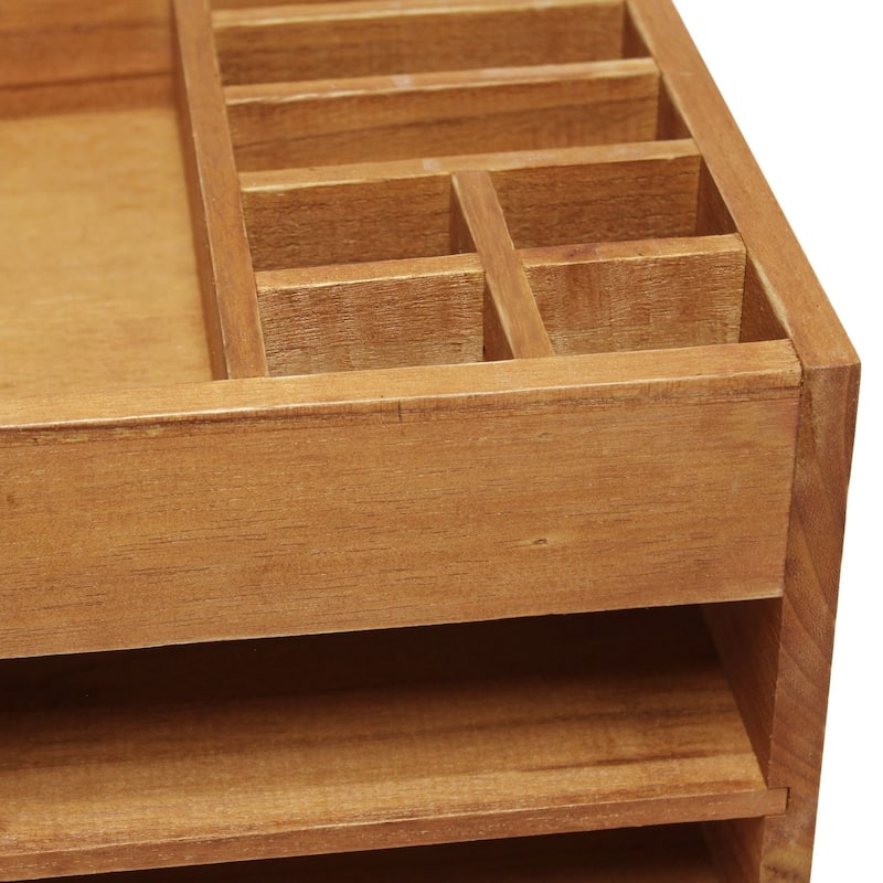15.5" Brown Home Office Desk Organizer Storage Cubbies Letter Tray
