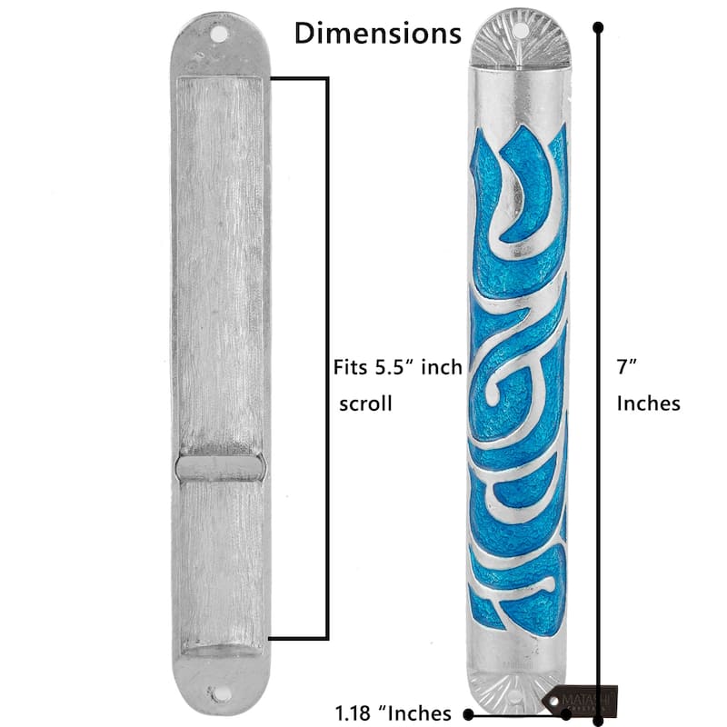 Matashi Hand Painted Blue Enamel 6'' Mezuzah Embellished w/ Hebrew Shin Home Door Wall Decor Housewarming Present Gift