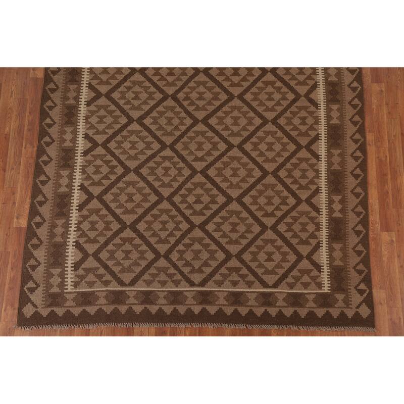 Hand Woven Oriental 100% Wool Carpet Southwestern Geometric Brown Kilim Area Rug - 9' 7'' X 6' 9''