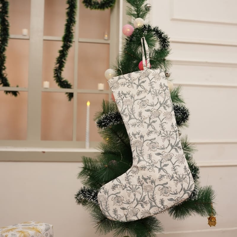 Fabdivine Handmade Cotton Block Print Floral Pattern White Christmas Stockings Knit - 10"X4.5"