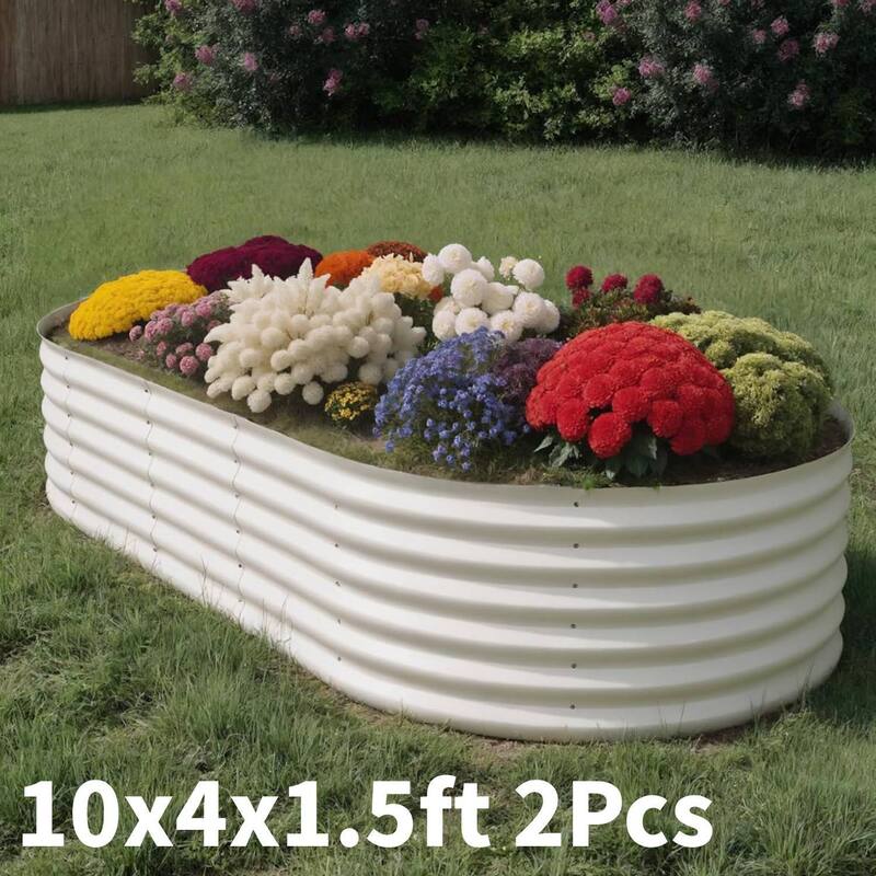 10x4x1.5ft 2Pcs Galvanized Raised Garden Bed Planter Boxes Outdoor, Off-White for Vegetables, Fruits, Flowers, Herbs - N/A - White