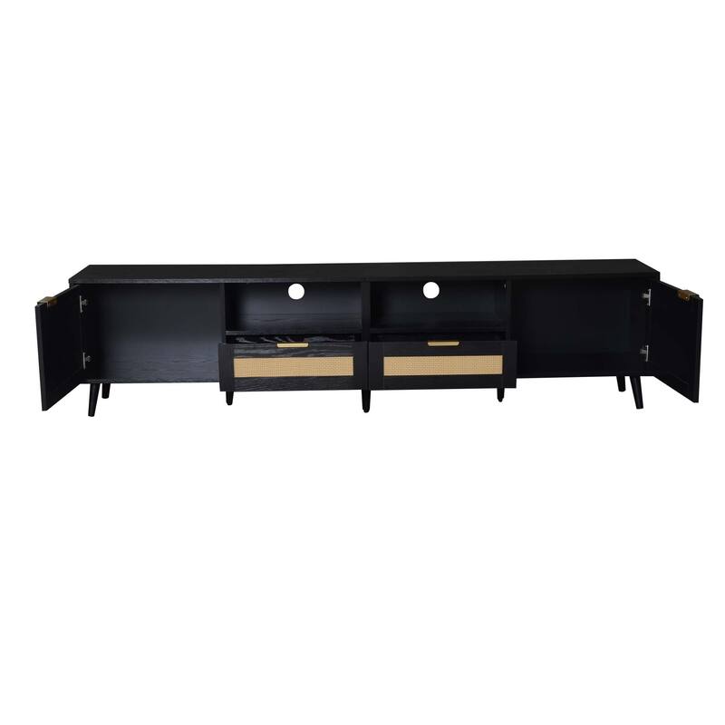 Farmhouse Rattan TV Stand Media Console, for TVs up to 85" with 2 Storage Cabinets and 2 Open Shelves, for Living Room