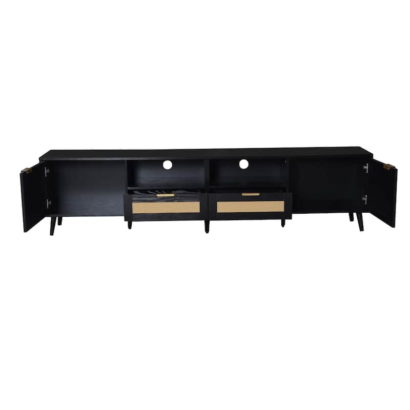 Rattan TV Stand for TVs up to 85'', Modern Farmhouse Media Console, Entertainment Center with Solid Wood Legs