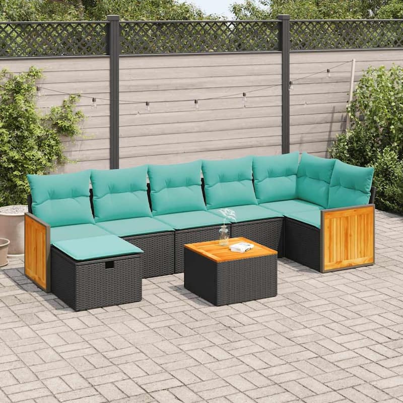 vidaXL 7 Piece Patio Sofa Set with Cushions Black Poly Rattan - 21.7 x 24.4 x 27.2 - Black - with storage solution