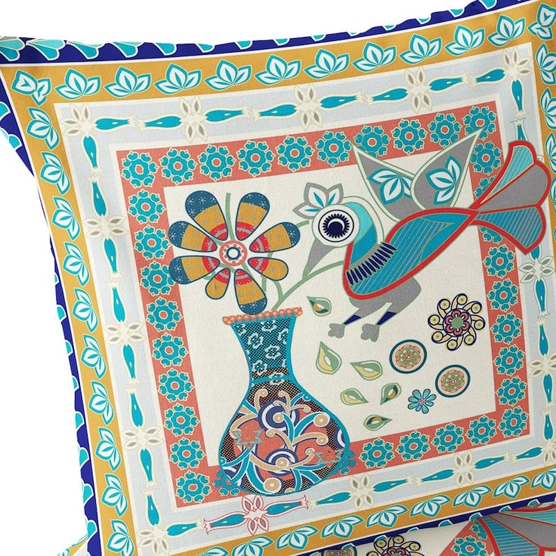 HomeRoots Set of Two 16" X 16" Blue and Gold Peacock Blown Seam Floral Indoor Outdoor Throw Pillow - 16.00' X '16.00' X '5.00